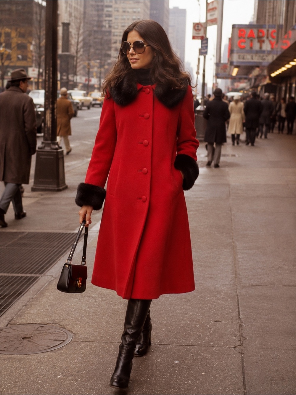Vintage Women's Red Wool Coat with Black Real Fur Trim